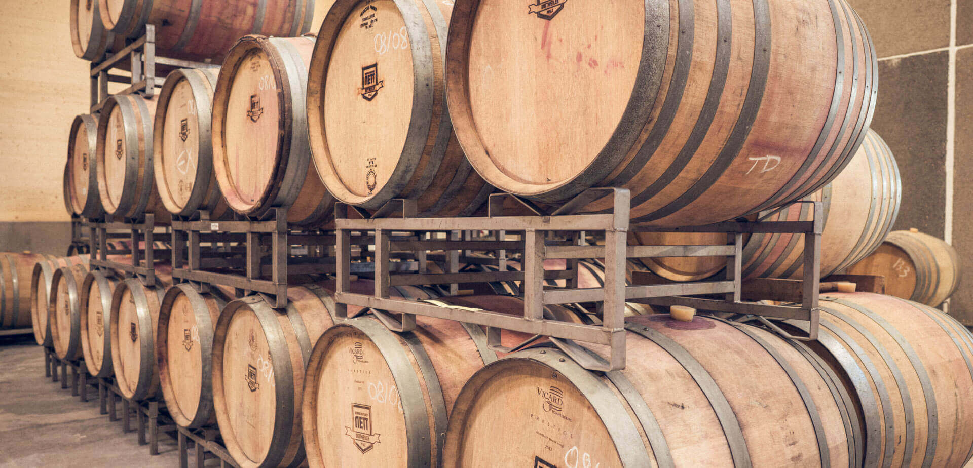 Barriques Fässer im Weinkeller vom Weingut Nett